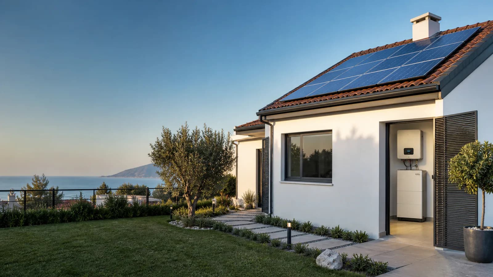 Çatısında güneş panelleri ve yanında enerji depolama sistemi bulunan modern ev